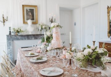 elegant pink gold bronze glass wedding tablescape 2