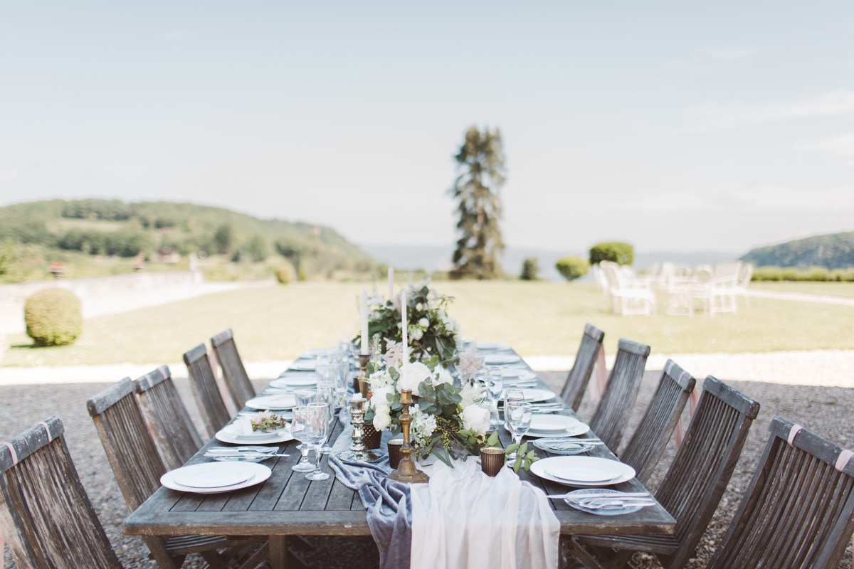 gold bronze cream white green wedding decorations french destination wedding wooden tables