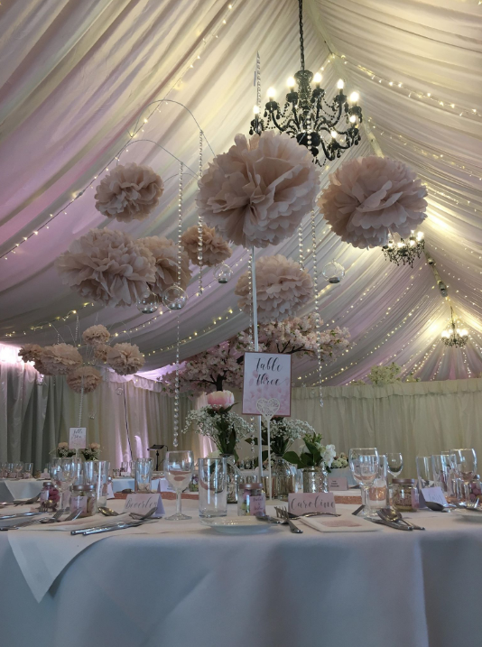 Marquee wedding hanging pom poms All Manor of Events Mar