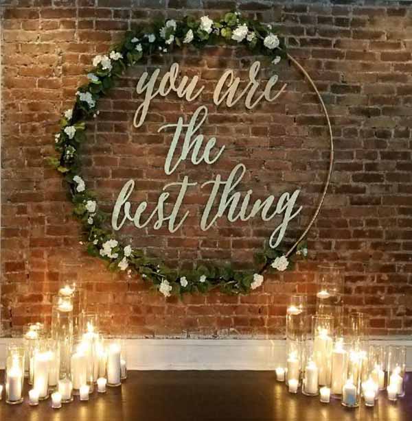 barn wedding backdrop hoop with lanterns