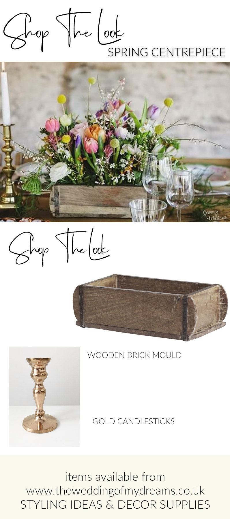 Spring wedding centrepieces wooden brick moulds gold candlesticks available from The Wedding of my Dreams