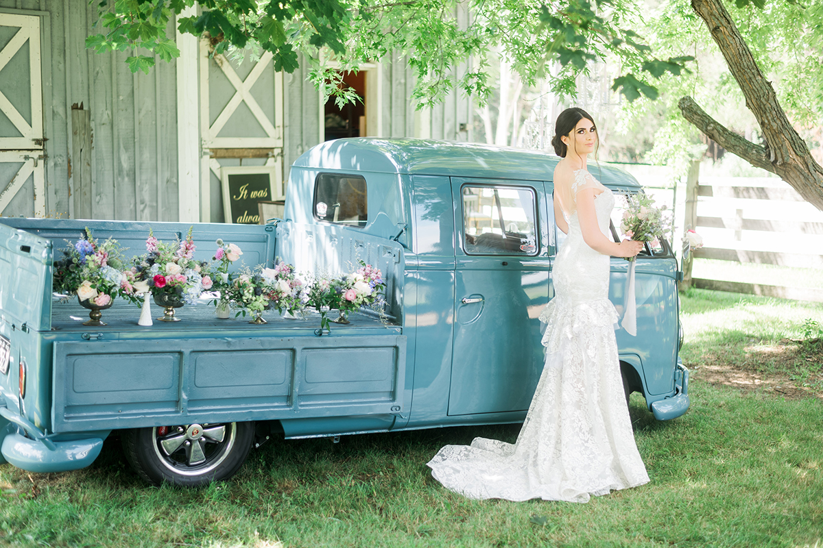 blue wagon wedding car