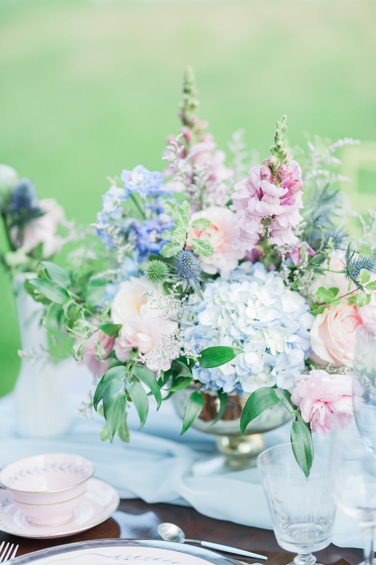 gold footed bowls wedding centrepieces summer blue pastel wedding flowers centrepieces