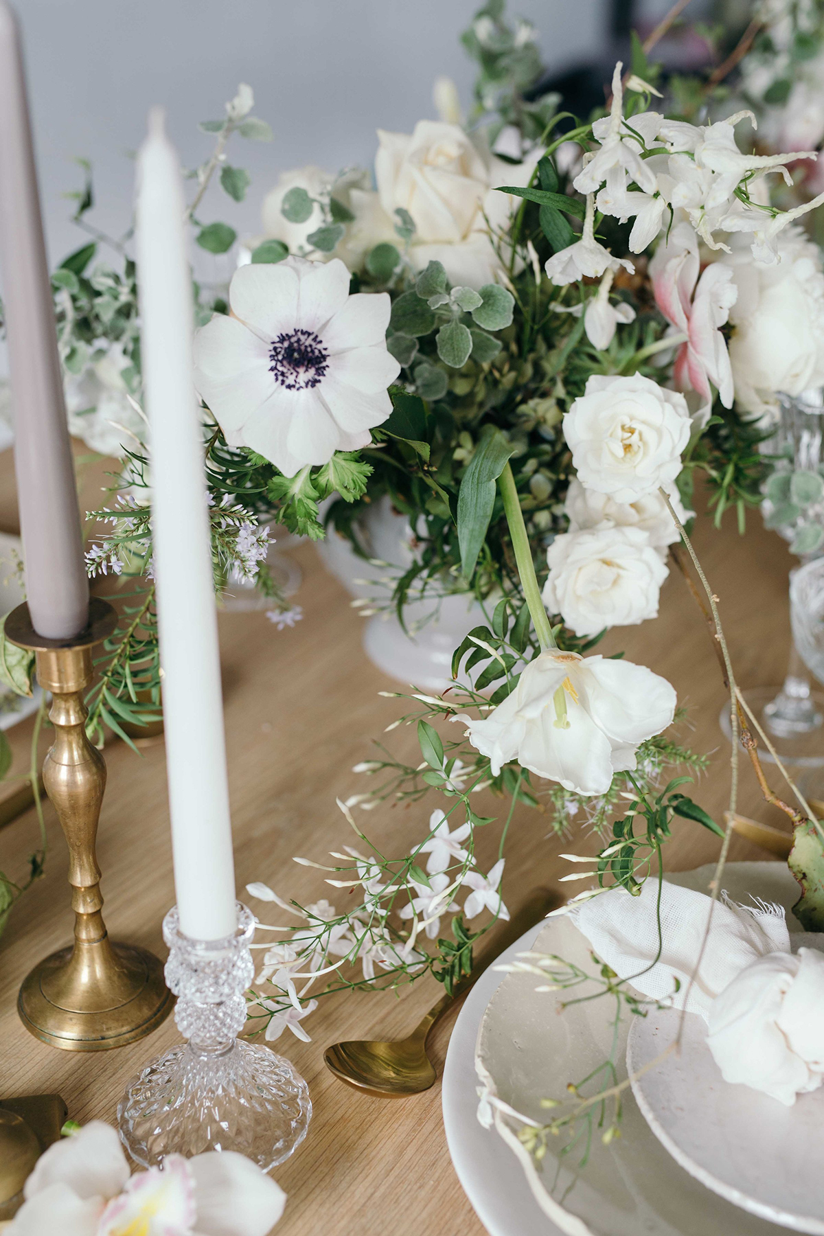 pressed glass and gold wedding styling with candlesticks soft romantic wedding shoot