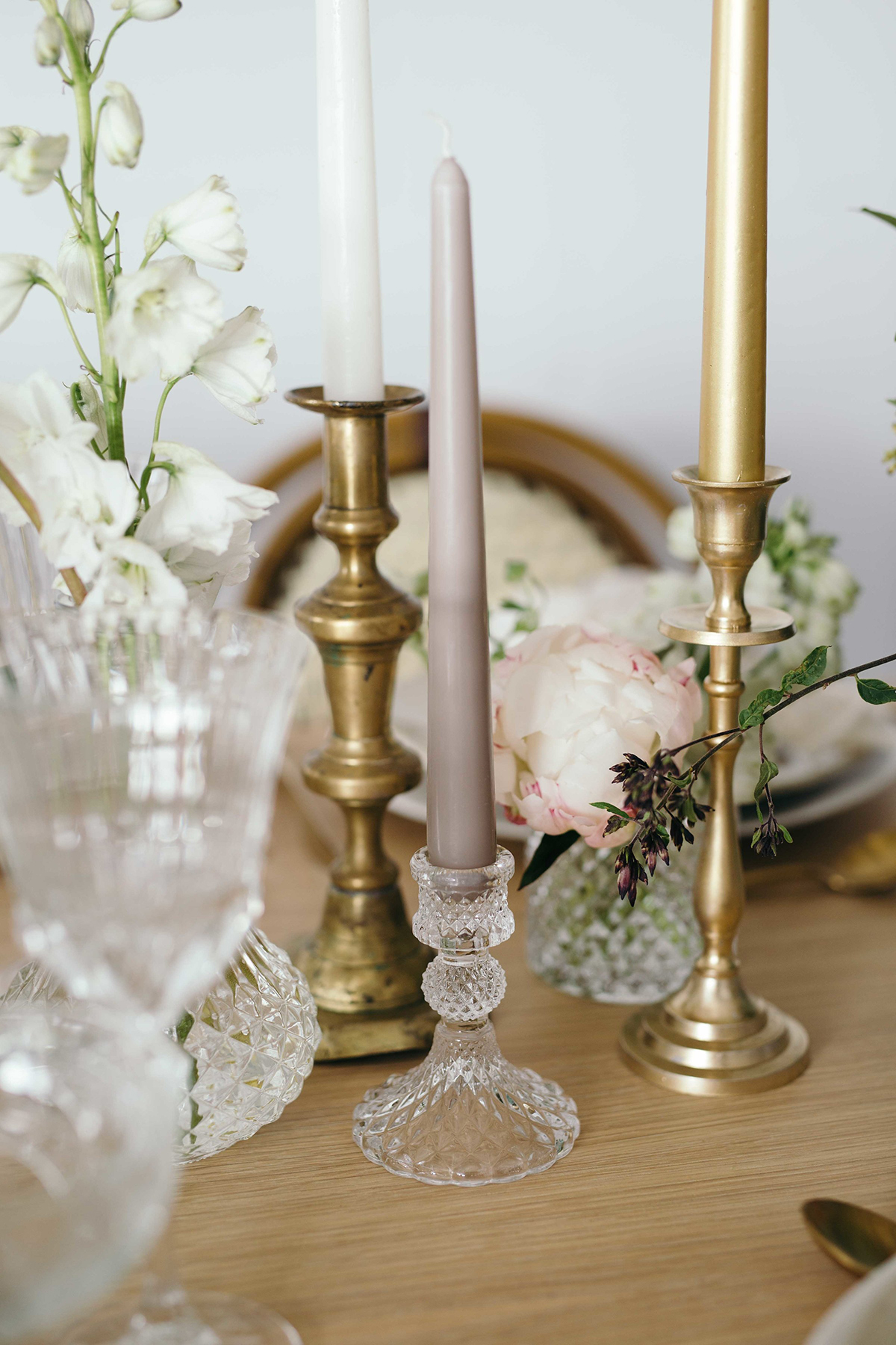 pressed glass and stone soft wedding colour palette pressed glass candlesticks available from The Wedding of my Dreams