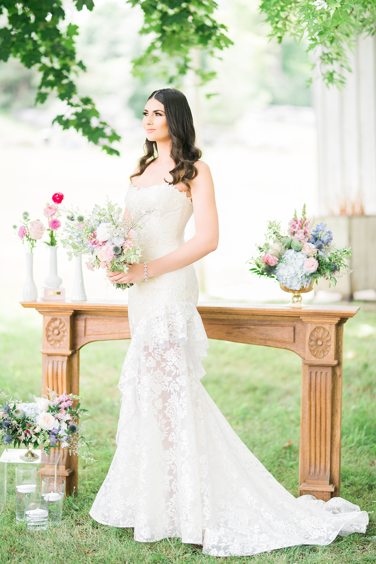 summer wedding flowers blue pastel tones in gold footed bowls from The Wedding of my Dreams