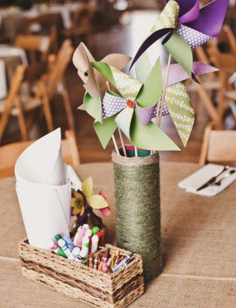 Kids table wedding centrepiece ideas colours crayons