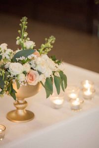 Gold footed bowls wedding centrepieces glass and gold tealights