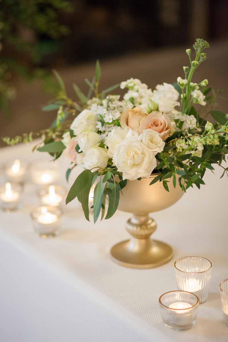 Gold footed bowls wedding centrepieces glass and gold tealights