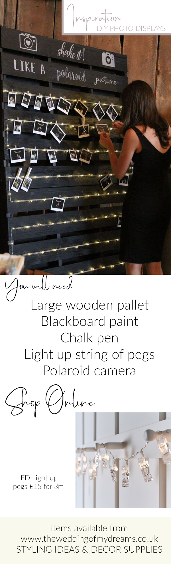 DIY polaroid photo displays wooden pallets DIY wedding styling ideas 