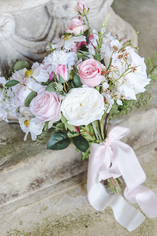 english rose wedding bouquet trailing pink ribbon