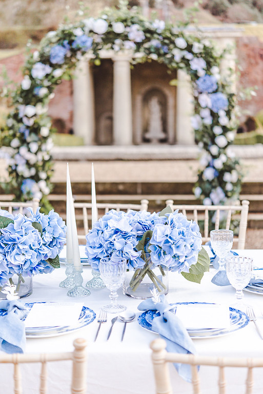 Wedding Ideas - Pressed Glass and Blue Flowers - UK Wedding Styling