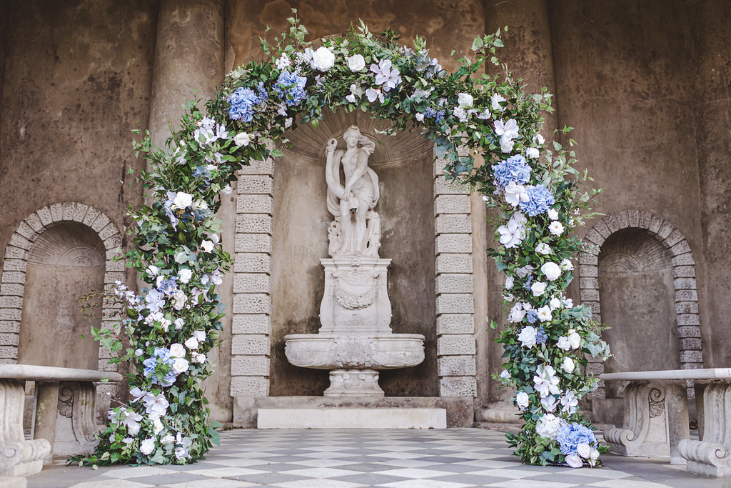 wedding arch natural blue flowers