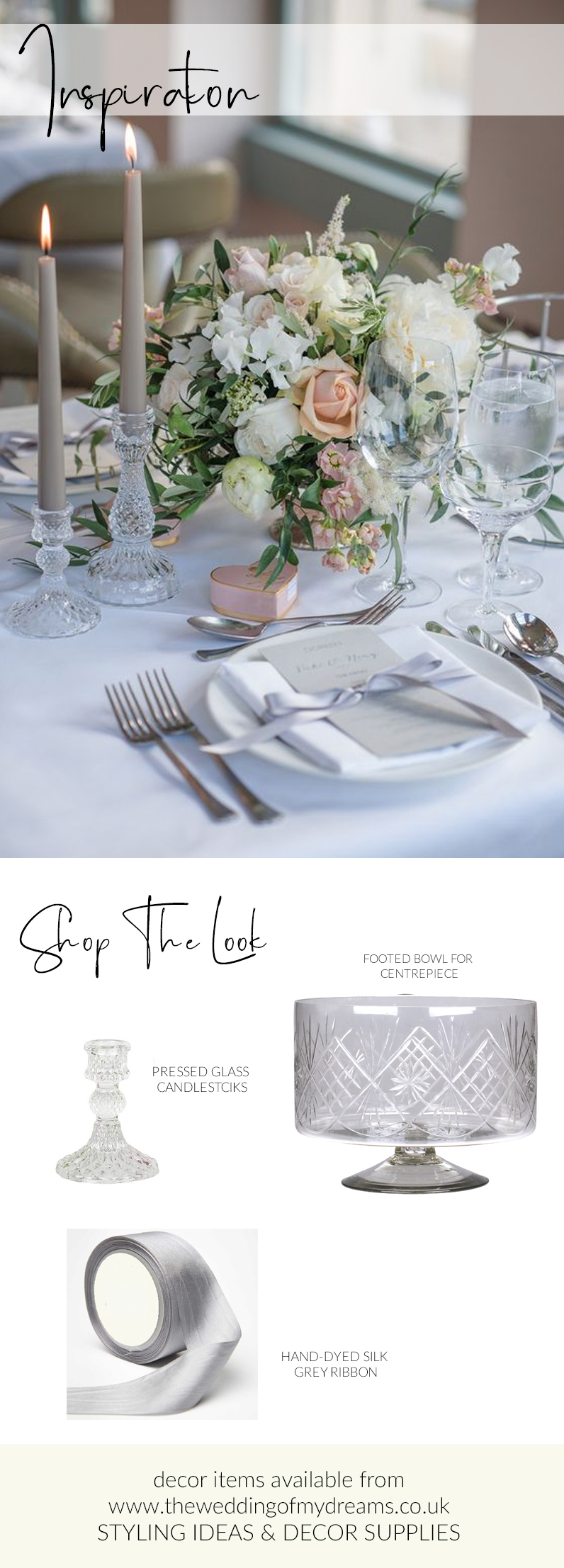 Elegant-Babbington-House-wedding-centrepieces-shop-the-look-glass-candlesticks-glass-footed-bowls-silver-grey-ribbon-place-settings