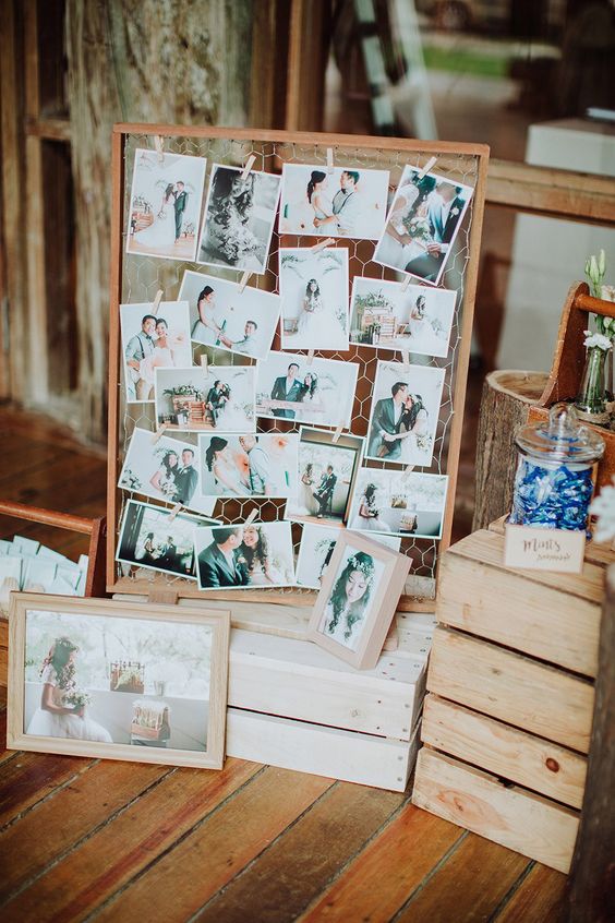 wedding photos displayed on wire mesh boards
