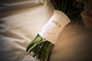 date handkerchief on bridal bouquet