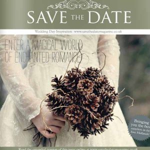 save the date magazine fircone bouquet