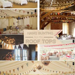hanging wedding bunting from the roof of marquee or barn