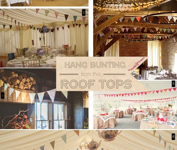 hanging wedding bunting from the roof of marquee or barn