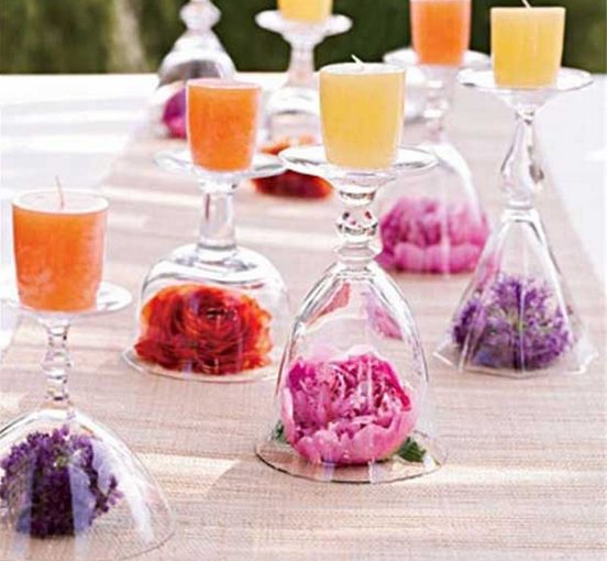 diy wedding centrepiece wine glasses candles flower heads