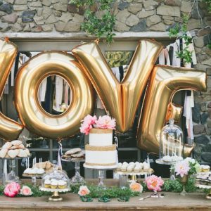 wedding dessert table LOVE gold balloons