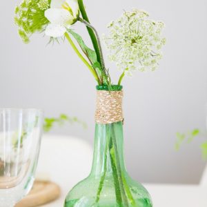 green glass bottles wedding centrepies organic shape rustic wedding decorations
