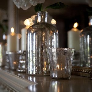 mecury silver glass candle holders and bottles
