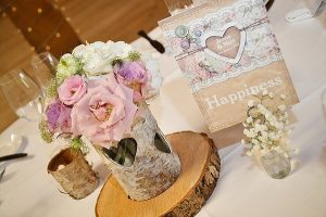 rustic wedding centrepiece ideas tree slices bark vases (1)