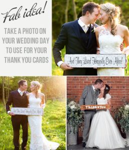 wedding couple pose with sign for thank you cards