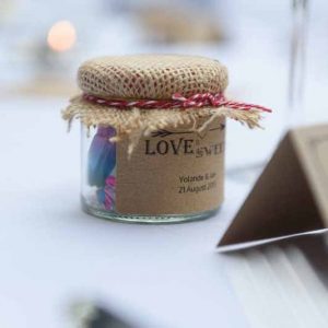 Pink Confetti Petals, Silver Candles & Love Is Sweet Favours Love is sweet wedding favours - stickers and jars @theweddingomd (1)