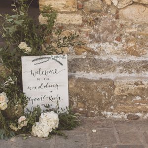 Welcome wedding sign wooden white wash Tuscany Italy destination wedding