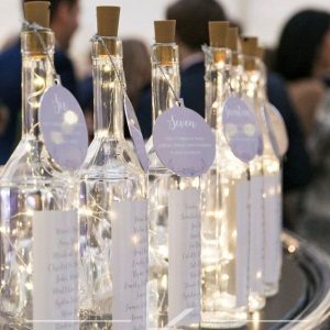 DIY wedding decorations LED lights in wine bottles table plan