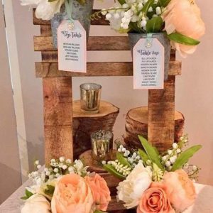 rustic wedding table plan with buckets