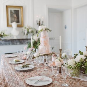 elegant pink gold bronze glass wedding tablescape 2