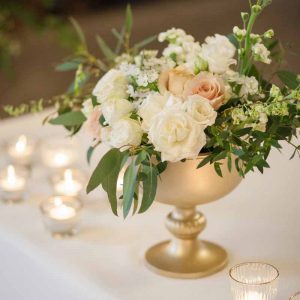 Gold footed bowls wedding centrepieces glass and gold tealights