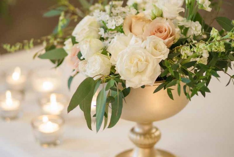 Gold footed bowls wedding centrepieces glass and gold tealights